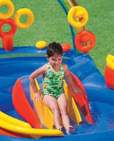 Дитячий надувний ігровий центр Intex 57453 «Веселка» (135*193*297 см, водна гірка, два басейна 175+206 л, кільця, фонтан, ненадувне дно, до 80 кг) фото 11