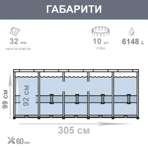 Каркасний басейн Intex 26706SC (99*305 см, об'єм: 6148 л., картріджний фільтр-насос 2006 л/год, серія: Prism Frame) фото 6