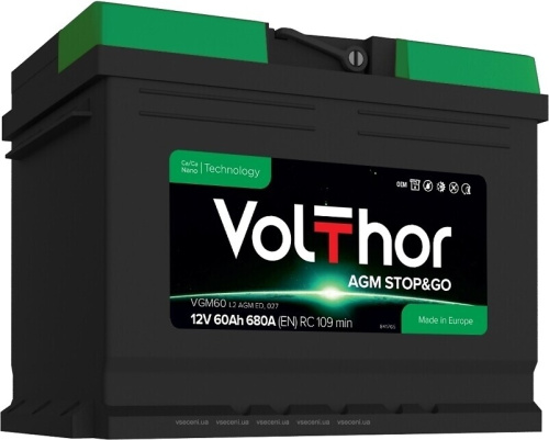 Акумулятор автомобільний VolThor VGM60 L2 AGM ED, 027 (Stop&Go, AGM, 12V, 60Ah, 680A (EN) RC 109 min, Euro, 175*190*242 мм, Словенія, 2022 рік., б/в)