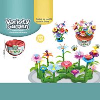 Конструктор B 6969-9 “Квітковий сад”, 123 елементи, вазончик, звивиста зелена основа, квіти, листочки зі стеблами, в боксі