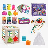 Набір для розвитку 1298 куб з еластичною решіткою, сенсорні кубики, пірамідка, пальчикові ігри, геометричні фігури, в коробці