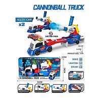 Трейлер JP 588-33 B звуки, підсвічування, трек, 2 металопластикові машинки, 2 механічні запускачі, механічна ракетниця з м’якими кульками, м’які