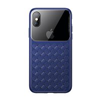 Картинка  Чехол Baseus для iPhone XS Glass & Weaving, Blue (WIAPIPH58-BL03) магазин cd-market