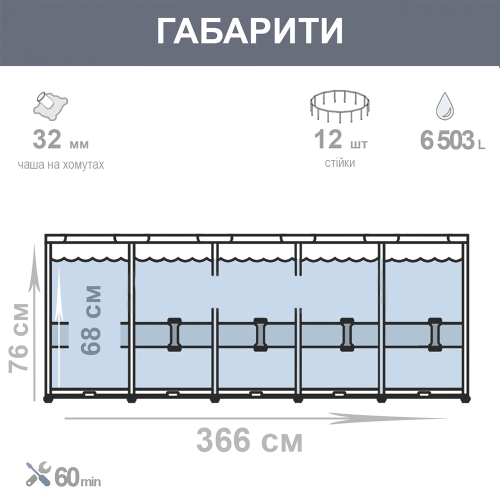 Каркасний басейн Intex 26710 (76*366 см, об'єм: 6503 л, серія: Prism Frame) фото 3