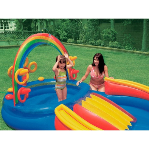 Дитячий надувний ігровий центр Intex 57453 «Веселка» (135*193*297 см, водна гірка, два басейна 175+206 л, кільця, фонтан, ненадувне дно, до 80 кг) фото 8