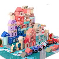 Конструктор C 65442 / C 65444 дерев’яний, мішечок для зберігання, пазли, у відрі