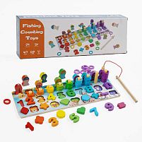 Логічна дерев’яна дошка C 67014 магнітна риболовля, кілочки з кільцями, сортер, цифри англійською, фігури, в коробці