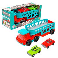 Автовоз з машинками 0938 "Technok Toys", рухомий причіп, висувна платформа, відкидний трап, 2 машинки, в коробці