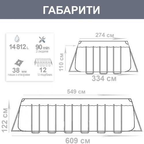 Каркасний басейн Bestway 56716 (122*274*549 см, об'єм: 13430 л, картриджний фільтр-насос 5678 л/год, дозатор хлору, драбина, тент, серія: Power Steel) фото 8