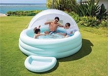 Дитячий надувний басейн Intex 57195 (221*277 см, ↑137 см, об'єм: 830 л, надувне дно, серія: Swim Center, знімний навіс, ванночка для ніг, сидіння)