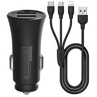 Картинка  Автомобильное ЗУ Remax Rocket 2хUSB 2.4A (кабель 3в1 Lightning/microUSB/Type-C) black (RCC-217-BLACK) магазин cd-market