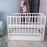 Ліжечко дитяче "Анастасія" шарнір-підшибник з відкидною боковиною+шухляда, бук (білий)