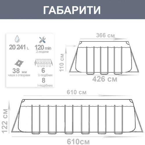 Каркасний басейн Bestway 56719 (122*366*610 см, об'єм: 20241 л., картриджний фільтр-насос 9463 л/год, драбина, гідромасаж, підсвічування, Power Steel) фото 10