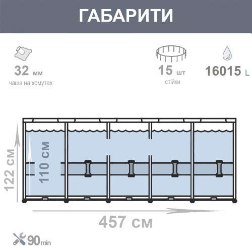 Каркасний басейн Bestway 56438 (122*457 см., об'єм: 16015 л., картриджний фільтр-насос 3028 л/год, драбина, тент, серія: Steel Pro MAX) фото 7