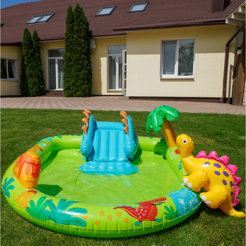 Дитячий надувний ігровий центр Intex 57166 «Дінопарк» (58*152*191 см, басейн 143 л, гірка, фонтан, динозавр, ненадувне дно, до 53 кг) фото 3