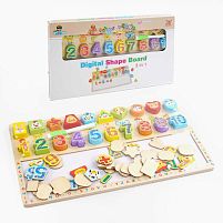 Логічна дерев’яна дошка C 65772 3в1, сортер, "пиши-стирай", цифри, тваринки, олівець, розв'язання прикладів, у коробці