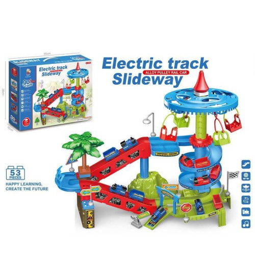 Трек 222 B 139 53 елементи, наліпки, 2 потяги, 2 знімних вагони, рухлива карусель, на батарейках, музика, зміна режимів, автоматичний підіймач, в