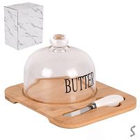 Маслянка бамбук з ножем та скляною кришкою 17*20*11см Stenson R34376