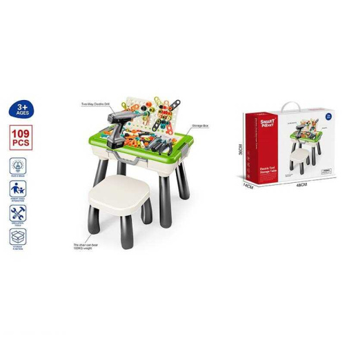 Ігровий столик з мозаїкою SY 007 112 деталей, стіл 50х33х39.5 см, стільчик, електричний шуруповерт, викрутка, валізка, в коробці