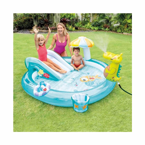 Дитячий надувний ігровий центр Intex 57165 NP «Алігатор» (84*170*201 см, басейн 160 л, гірка, качка, відерце, фонтан, ненадувне дно, до 54 кг) фото 2