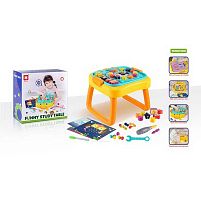 Ігровий столик 835 мозаїка, дошка пиши-витирай, болтики, викрутка, геометричний сортер, пазл, годинник, цифри й математичні знаки, в коробці