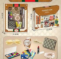 Набір прикрас K 4 годинник, окуляри, резинка та шпилька для волосся, помада, гаманець, тіні для повік та імітація банківських карток, в коробці