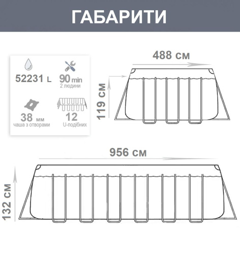Каркасний басейн BestWay 561KJ (956*488*132 см., об'єм: 52231 л., пісочний фільтр-насос 8327 л/год, наповн. Polysphere, драбина, тент, серія: APX 365) фото 9