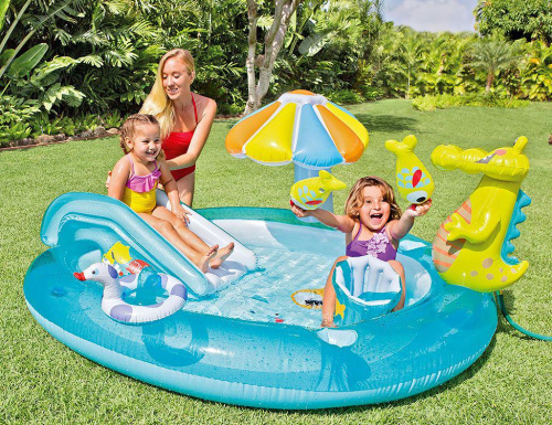 Дитячий надувний ігровий центр Intex 57165 NP «Алігатор» (84*170*201 см, басейн 160 л, гірка, качка, відерце, фонтан, ненадувне дно, до 54 кг)