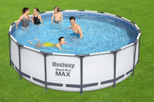 Каркасний басейн Bestway 56438 (122*457 см., об'єм: 16015 л., картриджний фільтр-насос 3028 л/год, драбина, тент, серія: Steel Pro MAX)