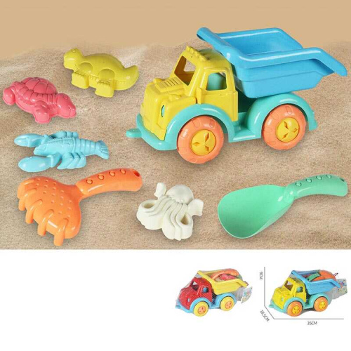 Пісочний набір KZ 6436 A 2 кольори, розмір самоскида - 35х18.5х9 см, лопатка, граблі-сито, 4 формочки, в сітці