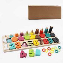 Логічна дерев’яна дошка С 74626 гра з кілочками, вкладиші, цифри, фігурки, кольорові кільця, сортер, в коробці