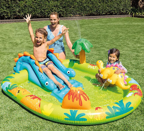 Дитячий надувний ігровий центр Intex 57166 «Дінопарк» (58*152*191 см, басейн 143 л, гірка, фонтан, динозавр, ненадувне дно, до 53 кг)