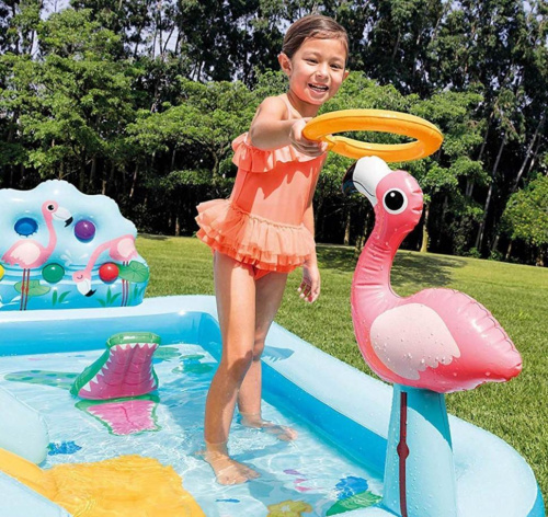 Дитячий надувний ігровий центр Intex 57161 «Пригоди в джунглях» (84*216*257 см, гірка, басейн 493 л, фонтан, кільця, м'ячики, ненадувне дно, до 80 кг) фото 3