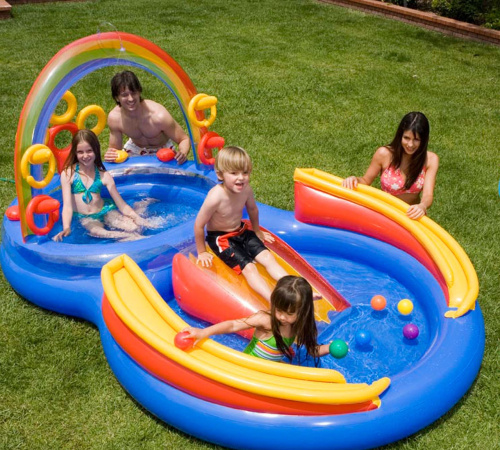 Дитячий надувний ігровий центр Intex 57453 «Веселка» (135*193*297 см, водна гірка, два басейна 175+206 л, кільця, фонтан, ненадувне дно, до 80 кг) фото 5