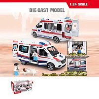 Машинка 2408 C "Швидка допомога", звук, підсвічування, інерція, металопластик, відчиняються двері, ігрові фігурки, в коробці