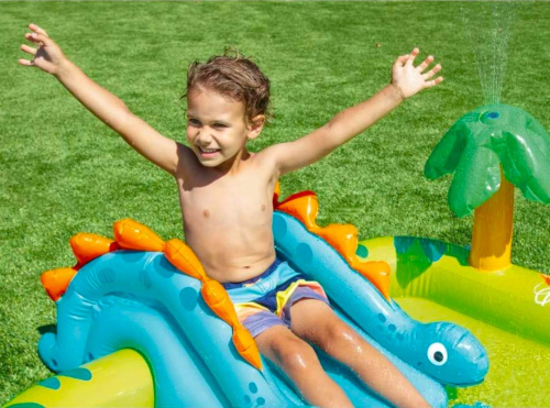 Дитячий надувний ігровий центр Intex 57166 «Дінопарк» (58*152*191 см, басейн 143 л, гірка, фонтан, динозавр, ненадувне дно, до 53 кг) фото 5