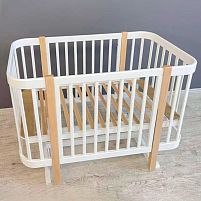 Ліжечко дитяче "МІЯ" бук, шарнір-підшипник, опускна боковина (білий+натуральна стійка)