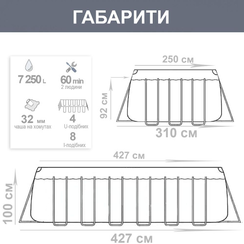 Каркасний басейн Bestway 56714 (100*250*427 см., об'єм: 7250 л., картриджний фільтр-насос 2006 л/год, дозатор хлору, драбина, тент, серія: Power Stee) фото 8