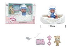 Пупс YL 2512 D-A гумовий, висота 30 см, кокон з ручками, подушечка, брязкальце, пустушка, ведмедик, в коробці