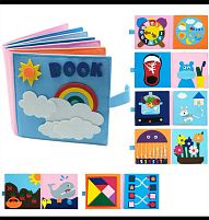 М'яка книжка-бізіборд C 70904 фетр, годинник, шнурівка, рухомі намистини, елементи на липучках, в пакеті