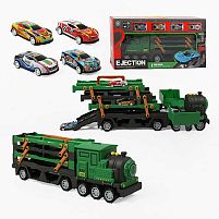 Трейлер 8818 розмір - 39.5х10.5х13.5 см, інерція, механічний запускач, звук, розкладний кузов, 4 металопластикові моделі, в коробці