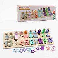 Логічна дерев’яна дошка С 74617 сортер, дерев'яні кілочки, кольорові кільця, цифри, фігури, в коробці