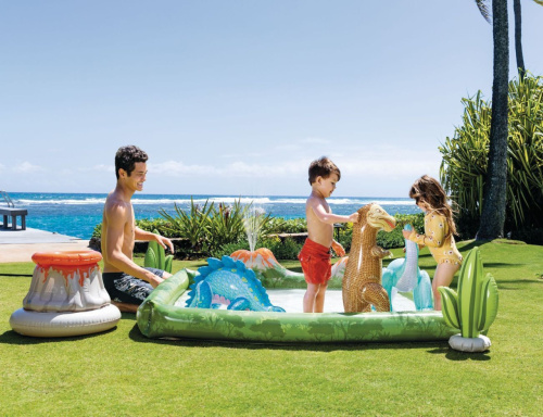 Дитячий надувний ігровий центр Intex 56132 «Юрський період» (36*201*201 см, басейн 410 л, фонтан, іграшки, ненадувне дно, до 81 кг)