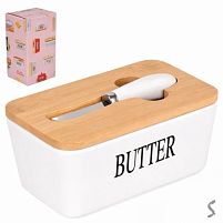 Маслянка кераміка з ножем та бамбуковою кришкою 16.8*9.5*7.7см Stenson R34972-W