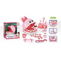 Набір стоматолога 855 муляжі щелеп, рот зайчика відкривається, підсвічування стомат. інструмента, аксесуари, зубна щітка, окуляри, щипці, чашка,