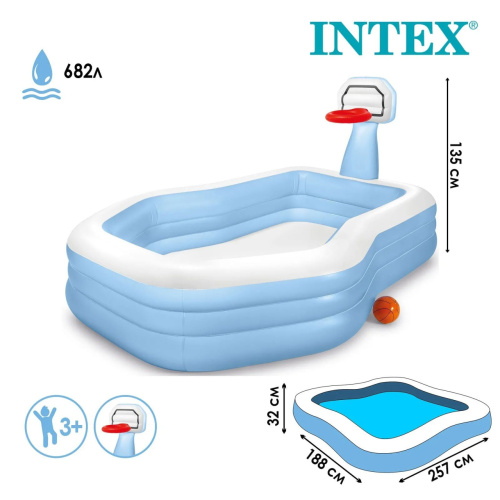 Дитячий надувний басейн Intex 57183 «Сімейний» (188*257 см, ↑130 см, борт: 32 см, об'єм: 682 л, ненадувне дно, серія: Swim Center, баск. кільце, м'яч) фото 4