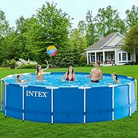 Каркасний басейн Intex 28242 (122*457 см., об'ем: 16805 л., картриджний фільтр-насос 3785 л/год, драбина, тент, підстилка, серія: Metal Frame)
