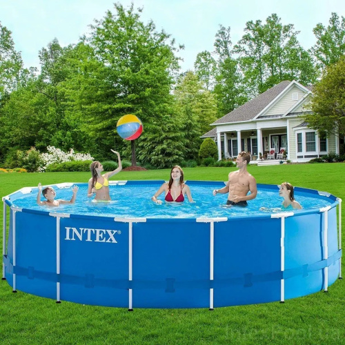 Каркасний басейн Intex 28242 (122*457 см., об'ем: 16805 л., картриджний фільтр-насос 3785 л/год, драбина, тент, підстилка, серія: Metal Frame)