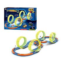 Трек 89939 86 елементів, машинка на батарейках, підсвічування, світиться у темряві, трюки, муляжі оточення, в коробці