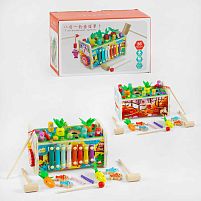 Ігровий центр C 60241 “Котик”, дерев’яний, ксилофон, годинник, магнітна гра, стукалка, пальчикові ігри, у коробці